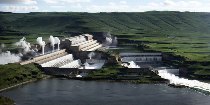 Waterfall, power station,<lora:hydropower station:0.5>