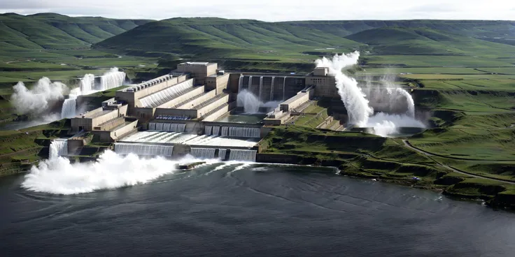 Waterfall, power station,<lora:hydropower station:0.5>