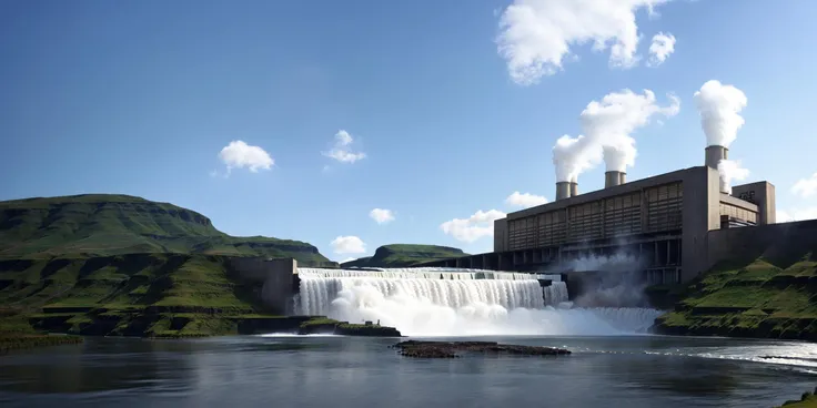 Waterfall, power station,<lora:hydropower station:0.5>