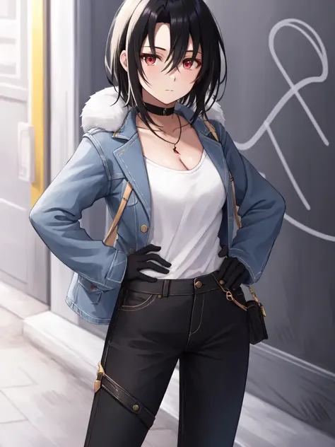 <lora:Nel_FE-10:0.7>, nel fe, 1girl, solo, breasts, looking at viewer, bangs, shirt, gloves, long sleeves, cleavage, hair between eyes, jewelry, closed mouth, collarbone, jacket, white shirt, multicolored hair, open clothes, choker, black gloves, pants, necklace, open jacket, streaked hair, hand on hip, fur trim, black choker, black pants, blue jacket, cropped legs, cropped jacket