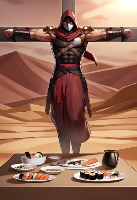 masterpiece, best quality, very aesthetic, absurdres, 1boy, (girl:-1.8), desert,
1boy, muscular (male:1.2), <lora:haristuke-anxl31-000062:1> Haritsuke, hanging, chained, spread arms, legs together, ninja mask, red clothes, black clothes, multicolored clothes, ninja arm guards, metal bracer, Japanese shoulder pads, leg armor, (hakama pants1.2), flaming eye, hood, desert, (from below:0.6),(girl:-1.8), (ankle:-1), (female:-1),
desert, sushi on table,