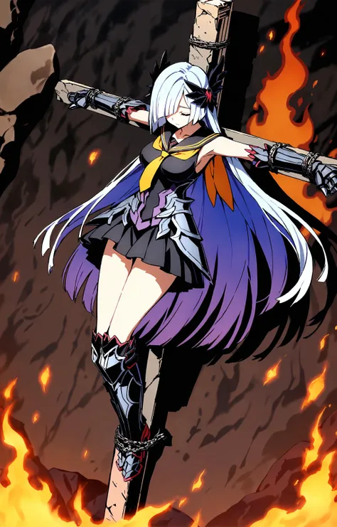 masterpiece, best quality, highres, absurdres, 8k wall paper, official art, illustration, shadows, detailed background, (from side:0.8), (from above:0.8), 1girl, solo, full body, (wide shot:1.3), brynhildr \(fate\), fate grand order, very long hair, colored inner hair, spread arms, legs together, bound ankles, bound wrists, leaning forword, (chained:1.1), haritsuke, (hanging:1.1), armored sailor dress, pleated skirt, median dress, sleeveless, yellow necktie, gauntlets, poleyn, sabaton, greaves, head down, hair over one eye, hair ornament, closed eyes, closed mouth, expressionless, fire particle, flying sparks, lava, rock, cracking ground, splashing lava, intense atmosphere, burning, hell, depth of field, blurry background, chromatic aberration, <lora:haristuke-anxl31:0.7>,