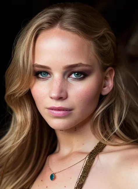 portrait of skswoman, happy , wearing luxury fashion , with Long layers , background cave epic (photo, studio lighting, hard light, sony a7, 50 mm, matte skin, pores, colors, hyperdetailed, hyperrealistic), <lyco:Jennifer Lawrence:1.0>