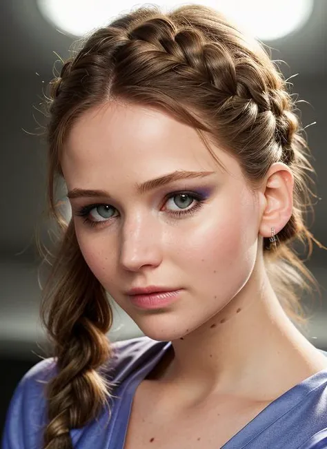 portrait of skswoman, furled brow , wearing sleepwear , with Fishtail braid , background kitchen epic (photo, studio lighting, hard light, sony a7, 50 mm, matte skin, pores, colors, hyperdetailed, hyperrealistic), <lyco:Jennifer Lawrence:1.0>