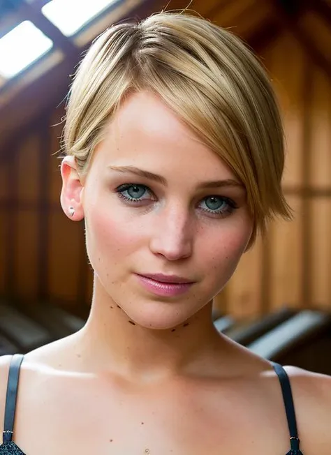 portrait of skswoman, smile , wearing luxury clothing , with Asymmetrical haircut , background chicken coop epic (photo, studio lighting, hard light, sony a7, 50 mm, matte skin, pores, colors, hyperdetailed, hyperrealistic), <lyco:Jennifer Lawrence:1.0>
