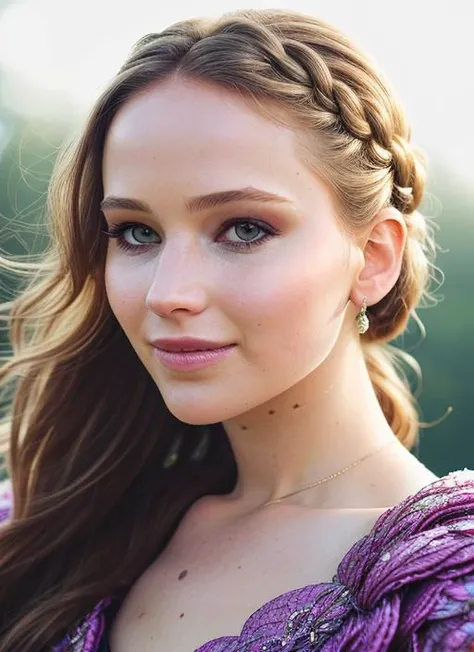 portrait of skswoman, smile , wearing haute couture garments , with Side braid , background spring epic (photo, studio lighting, hard light, sony a7, 50 mm, matte skin, pores, colors, hyperdetailed, hyperrealistic), <lyco:Jennifer Lawrence:1.0>