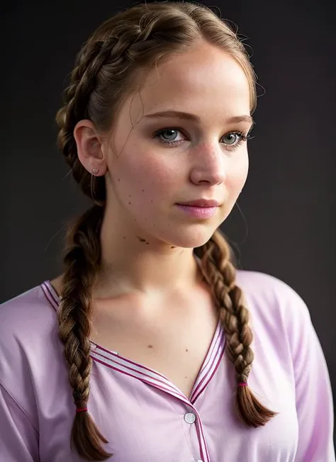 portrait of skswoman, happy , wearing pajamas , with Braids , background valley epic (photo, studio lighting, hard light, sony a7, 50 mm, matte skin, pores, colors, hyperdetailed, hyperrealistic), <lyco:Jennifer Lawrence:1.0>