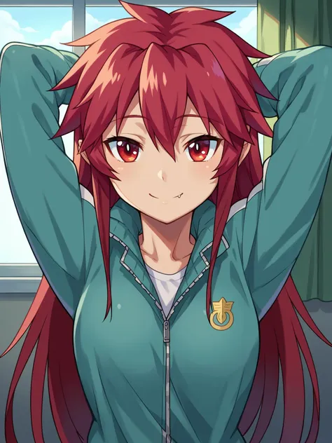 score_9, score_8_up, score_7_up, source_anime, <lora:Mari_Setagaya_epoch_9:1>, 1girl, solo, 
mari setagaya, human-form, 1girl, solo, long hair, looking at viewer, smile, shirt, red eyes, red hair, fang,
track jacket, indoors, arms behind head,