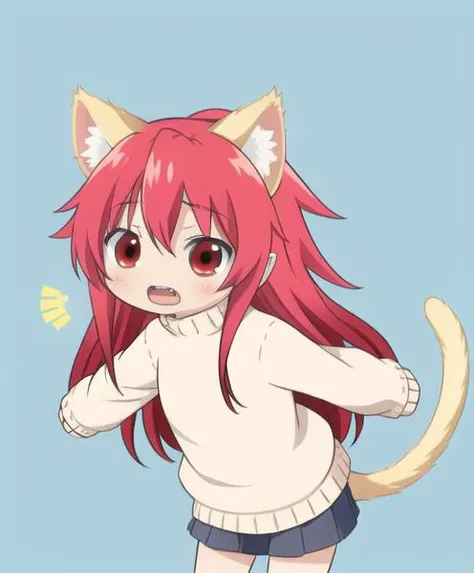 chibi, >_<, open mouth, arms out, clenched hands, <lora:mari_setagaya:0.8> mari setagaya, long hair, red eyes, red hair, cat-form, sweater, animal ears, tail, cat tail, <lora:cartoonyStyle_cartoonyStyleV1:0.6>, masterpiece, high quality