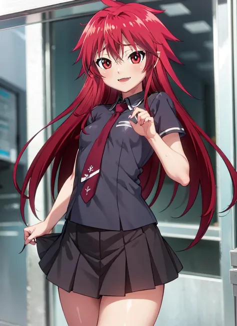 ((best quality)), ((highly detailed)), , (1girl), (solo), dynamic pose, cowboy shot, <lora:mari_setagaya:1>, mari setagaya, red hair, long hair, red eyes, small breasts, smiling, human-form, school uniform, collared shirt, grey shirt, short sleeves, necktie, pleated skirt, black kneehighs, loafers, (outside, at an island, afternoon)