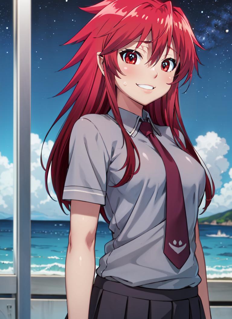 Anime girl with red hair and a tie standing in front of a window ...
