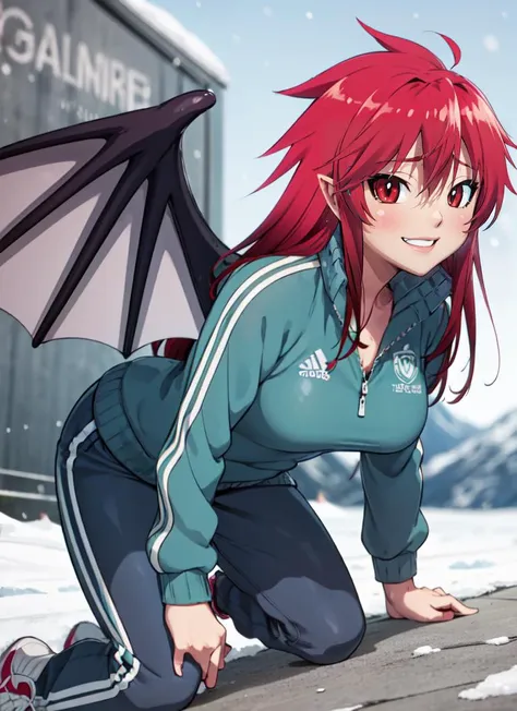 ((best quality)), ((highly detailed)), extremely detailed face, beautiful face, , (1girl), (solo), dynamic angle, sexy position, <lora:mari_setagaya:1>, mari setagaya, red hair, long hair, red eyes, medium breasts, smiling, succubus-form, demon girl, <lora:slit-pupils:1>, snake eyes, pointy ears, demon wings, bat wings, green jacket, track jacket, green pants, track pants, sneakers, (outside, on a glacier, aurora, midday, snow storm)