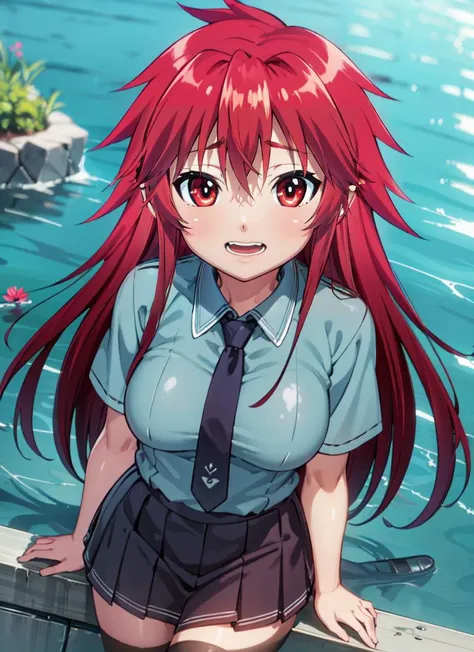 ((best quality)), ((highly detailed)), masterpiece, detailed face, beautiful face, , (1girl), (solo), from above, upper body, <lora:mari_setagaya:1>, mari setagaya, red hair, long hair, red eyes, medium breasts, human-form, school uniform, collared shirt, grey shirt, short sleeves, necktie, pleated skirt, black kneehighs, loafers, (outside, at a pond, partially submerged, morning, sunrise)