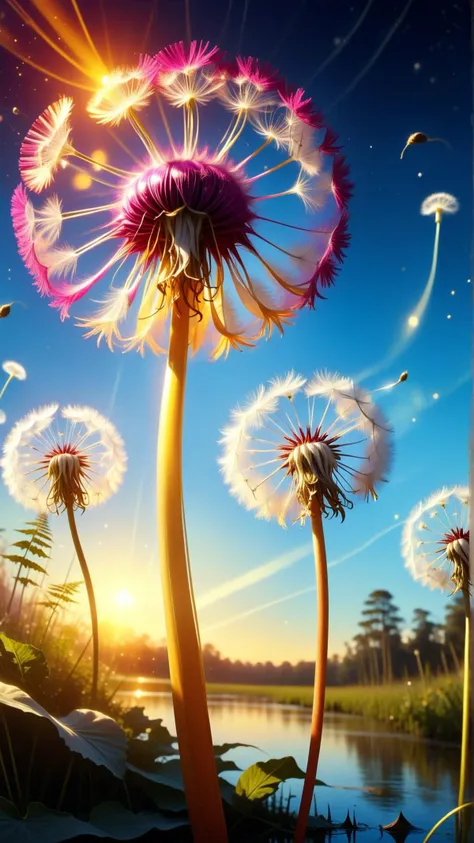 <lora:ElementFireSDXL:1>ElementFire Fuchsia Digital painting of dandelion seeds floating in the air, warm sun rays shining through, golden hour, yellow and orange background, blue sky, seeds in focus, delicate and airy, vibrant colors, soft shadows, soft details, gentle breeze, peaceful atmosphere, close-up shot, dreamy, whimsical, surreal, high quality, detailed, illustration, concept art, wallpaper, artbook, splash art, promo art, dramatic lighting, inspiration, nature, beauty, tranquility,prehistoric mammals browsing in a swamp, tall ferns around, (Masterpiece:1.3) (best quality:1.2) (high quality:1.1)