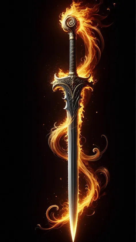 <lora:ElementFireSDXL:1>ElementFire Yellow Realistic digital painting of a gleaming samurai sword, Ancient Japanese calligraphy on the blade, Ornate hilt with gold and jewels, Set against a dark, moody background, Soft, dramatic spotlight on the sword, High contrast, Sharp focus, Intricate details, High resolution, Epic, Majestic, Powerful, Dramatic,SIM card eject tool flames, burning fire, blazing, (Masterpiece:1.3) (best quality:1.2) (high quality:1.1)