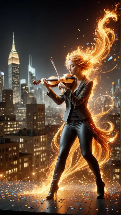 <lora:ElementFireSDXL:1>ElementFire Orange Urban, Night, Rooftop, Solitary violinist, Playing violin, City skyline, Explosion of confetti, Festive atmosphere, Colored confetti, Twinkling city lights, Reflection of city lights, Vibrant colors, Dynamic pose, Excited expression, High contrast, Sharp focus, High quality, Glossy finish,cube flames, burning fire, blazing, (Masterpiece:1.3) (best quality:1.2) (high quality:1.1)