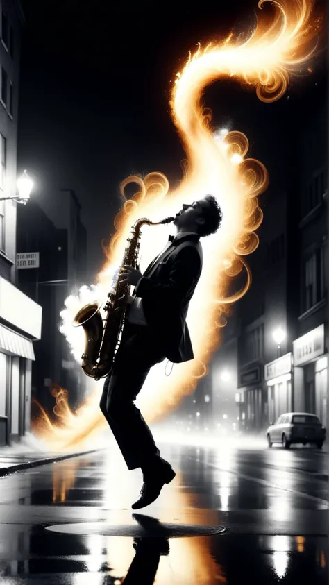 <lora:ElementFireSDXL:1>ElementFire Orange nuclear explosion,Black and white photograph, capturing a solitary musician playing a saxophone on a deserted city street, Moment of weightlessness as musician jumps into the air, Soft focus, Low angle, City lights in background, Reflection in puddle, Vintage film grain, Noir, High contrast, Gritty, Emotionally charged, Powerful, Dramatic, Raw, Unique, Unforgettable, (Masterpiece:1.3) (best quality:1.2) (high quality:1.1)