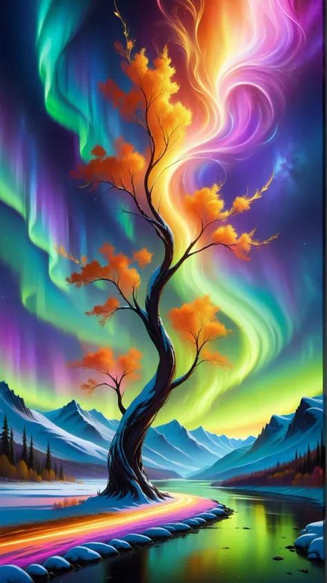 <lora:ElementFireSDXL:1>ElementFire Orange Vibrant, colorful display of the Northern Lights, capturing the dancing lights of the aurora borealis in an expansive sky, pastel color palette, long brush strokes, impasto technique, hints of pink, green, and purple hues, rolling hills and snowy mountains in the distance, calm and serene mood,leafy branches of a willow tree swaying by a river, (Masterpiece:1.3) (best quality:1.2) (high quality:1.1)