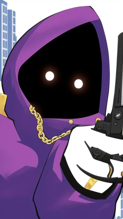 purplewizard,(holding a gun),money gang,intricate details,<lora:ShadowWizardMoneyGang:0.8>,1girl,city background,