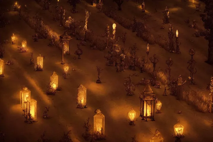masterpiece, ultra-detailed, best quality, illustration, 8k cg wallpaper, an extremely delicate and beautiful, stunning landscape, graveyard, gravestones, dirt path, lanterns, candles, intricately detailed items in background, <lora:XStarve:1>