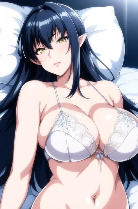 a blue background with stars and snowflakes,
laying on a bed with a flower,lying, on_bed, on_side, pillow, pointy_ears,
lingerie,bare_shoulders,white lingerie bra,white lingerie pantyhose, white lingerie panties,
<lora:Annerose_Vajra_Action_Taimanin-KK77-V1:0.7>,<lora:saiminSeishidou:0.2>,elf,pointy_ears,
black hair,very long hair, Bangs,yellow eyes,makeup, lipstick,
1 girl, 20yo,mature female,Beautiful Finger,Beautiful long legs,Beautiful body,Beautiful Nose,Beautiful character design, perfect eyes, perfect face,
looking at viewer,
NSFW,official art,extremely detailed CG unity 8k wallpaper, perfect lighting,Colorful, Bright_Front_face_Lighting,
(masterpiece:1.0),(best_quality:1.0), ultra high res,4K,ultra-detailed,
photography, 8K, HDR, highres, absurdres:1.2, Kodak portra 400, film grain, blurry background, bokeh:1.2, lens flare, (vibrant_color:1.2)
(Beautiful,large_Breasts:1.4), (beautiful_face:1.5),(narrow_waist),