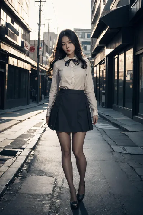 full body,Ultra-high skin detail,Perfect facial details,cinematic lighting,chiaroscuro,super detail,award winning,best quality,FilmGirl,85mm,1girl,long hair,looking at viewer,shirt,skirt,ribbon,looking at viewer,outdoors,