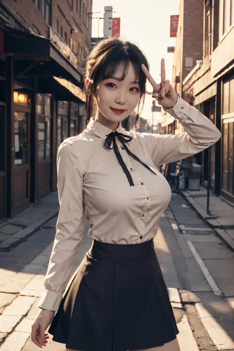 Ultra-high skin detail,Perfect facial details,cinematic lighting,chiaroscuro,super detail,award winning,best quality,FilmGirl,85mm,1girl,changfu,large breasts,looking at viewer,shirt,skirt,ribbon,looking at viewer,day,outdoors,smile,