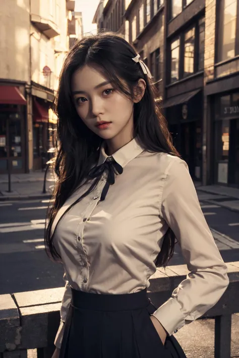 Ultra-high skin detail,Perfect facial details,cinematic lighting,chiaroscuro,super detail,award winning,best quality,FilmGirl,85mm,1girl,long hair,looking at viewer,shirt,skirt,ribbon,looking at viewer,outdoors,