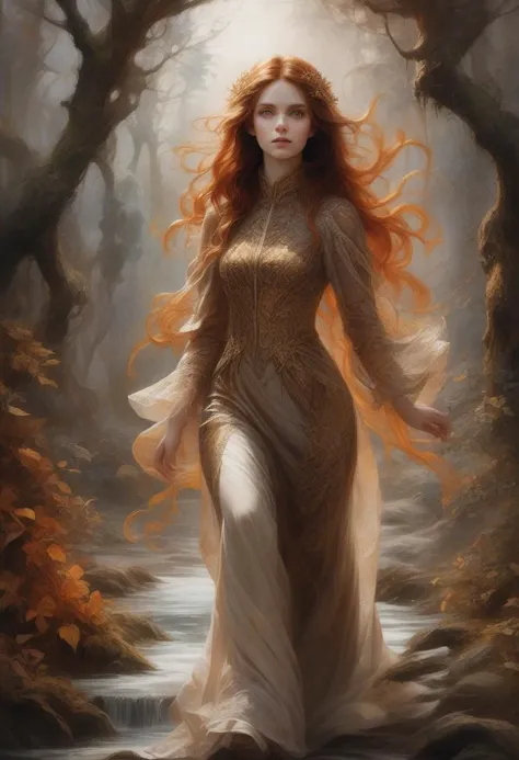 fantasy, baroque, 18 years old girl, (full body portrait:1.6), walking, frontal view, in the style of black and red, gold filigree, adorned with garnet and gemstones, ancient forest, winter, stream, sun rays, extremely detailed head and face, (full character view:1.4), darkred long hair, (pale white alabaster skin:1.4), wearing long black and orange lace dress, realistic face, volumetric light, natural light, detailed background, macro details, quality macro photography, attention to detail, patterns, by Brian Froud and Heather Theurer
