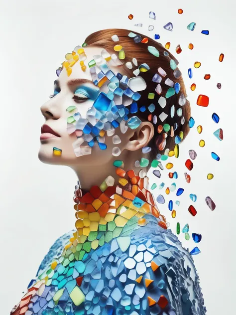 a woman covered in small colorful pieces of glass, full length shot, white background