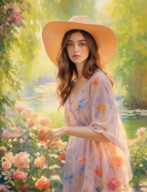 (masterpiece, hyper realistic),a stunning watercolor painting on canvas of a beautiful woman, in the style of Claude Monet ,Giverny, impressionism, impressionistic landscapes, pastel colors, impressionistic portraits
