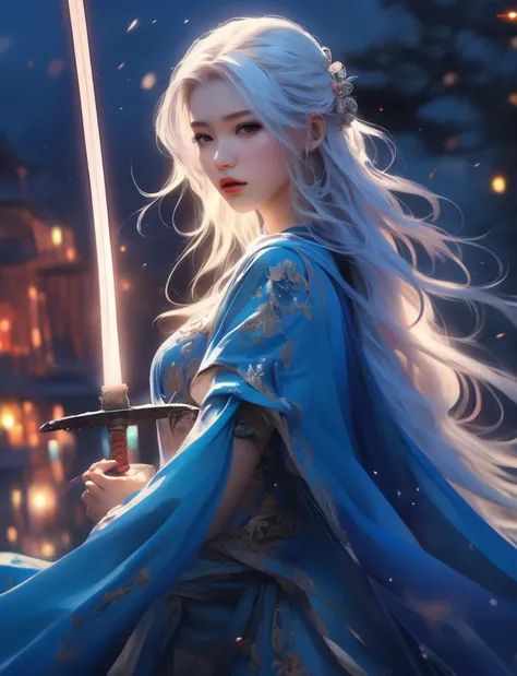 (masterpiece,best quality:1.5), , asian woman holding a sword, in the style of dark azure and light azure, mixes realistic and fantastical elements, vibrant manga, uhd image, glassy translucence, vibrant illustrations, ultra realistic, long hair, straight hair, white hair, portrait, mysterious forest, firefly, bokeh, mysterious, night, sky, cloud, jewelly, earing
