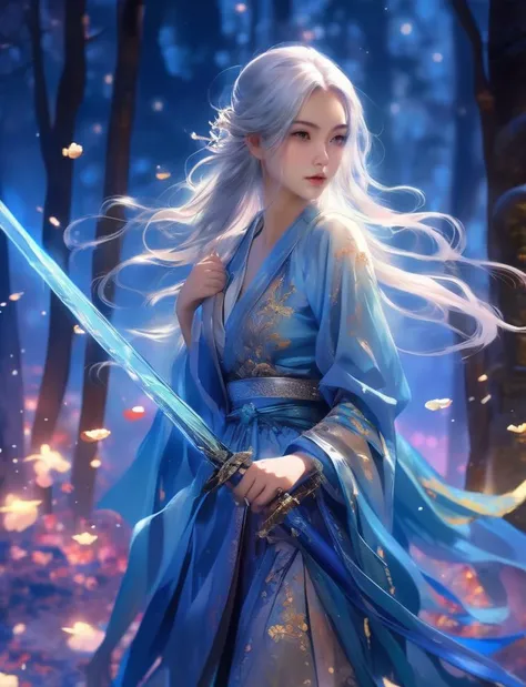 (masterpiece,best quality:1.5), , asian woman holding a sword, in the style of dark azure and light azure, mixes realistic and fantastical elements, vibrant manga, uhd image, glassy translucence, vibrant illustrations, ultra realistic, long hair, straight hair, white hair, portrait, mysterious forest, firefly, bokeh, mysterious, night, sky, cloud, jewelly, earing