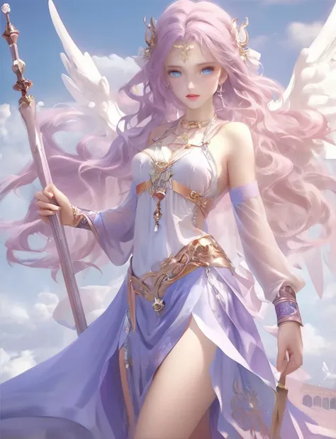 (masterpiece,best quality:1.5),greek clothes, peplos, 1girl, solo, wings, long hair, navel, light purple hair, pointy ears, skirt, staff, jewelry, sandals, small breasts, platform footwear, white skirt, bracelet, looking at viewer, upper body, multicolored eyes,bow hair, bow at back, holding, breasts, blue eyes, holding staff, armlet, thighlet, very long hair, cloud,