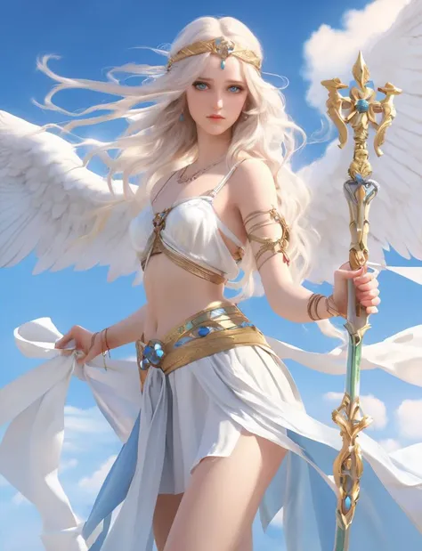 A beautiful angel in female form, beautiful and beautiful long blonde hair intense blue eyes, red mouth , a long white dress with huge wings open with a harp in her hand 