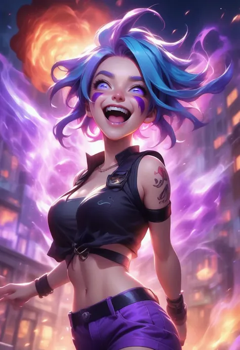 ((jinx \(league of legends\))),((best quality)), ((masterpiece)), (detailed), masterpiece,high quality,best quality,4k,super detailed,4k,focus sharp, blue hair, (glowing) purple eyes,1girl,full body,purple shorts,mid air,crazy expression,crazy face, crazy eyes, constricted pupils, small pupils, crazy smile, small pupils, psycho laugh, mouth open, (explosion) and fire city background,night, darkness,