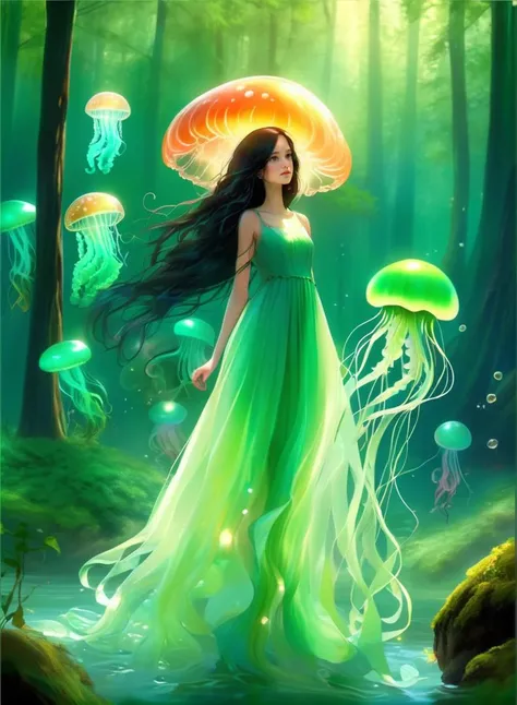 (masterpiece, realistic, ultra realistic), green jellyfish,(jellyfishforest:1.4), 1girl, mushroom, dress, long hair, scenery, white dress, solo, nature, water, wading, outdoors, tree, standing, black hair, fantasy, forest, mysterious, colorful, glow, bokeh