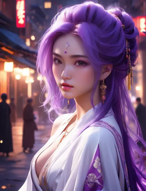 (masterpiece, high res, best quality), 1 asian girl, Priestess, in the city, night, portrait, white clothes, purple hair, mysterious