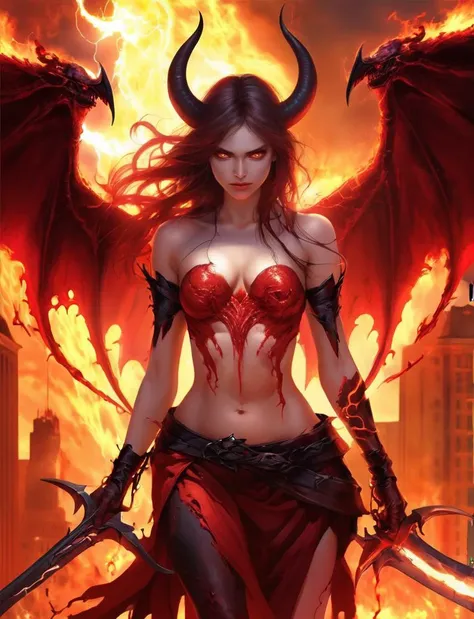 masterpiece、high quality、1 Female Devil、underground、Demonic world、magma、inflammation、black clothes、chest、devil、smile