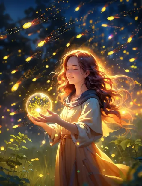 (masterpiece, high res, best quality), 1 girl, priestess, hood, closed eyes,Night, night sky, meadow, surrounded by fireflies, surrounded by small light balls, circled by small light balls, Cheerful smile, holding out hands to catch fireflies, holding out hands to catch light balls, illuminate by small light balls, rainbow colored small light balls, tornado of fireflies, bokeh, mysterious