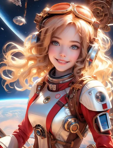 (masterpiece, hyper realistic), selfie, centered, Instagram able, steampunk astronaut 1girl, cute smile, red ribbon, long wavy hair, blonde hair, red eyes, steampunk spaceship interior, space background, stray hair, fisheye effect, backlight, dynamic lighting, reflection, depth of field, ultra detailed, intricate, (epic composition, epic proportion), professional work, FF, mecha,