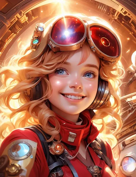 (masterpiece, hyper realistic), selfie, centered, Instagram able, steampunk astronaut 1girl, cute smile, red ribbon, long wavy hair, blonde hair, red eyes, steampunk spaceship interior, space background, stray hair, fisheye effect, backlight, dynamic lighting, reflection, depth of field, ultra detailed, intricate, (epic composition, epic proportion), professional work, FF, mecha,