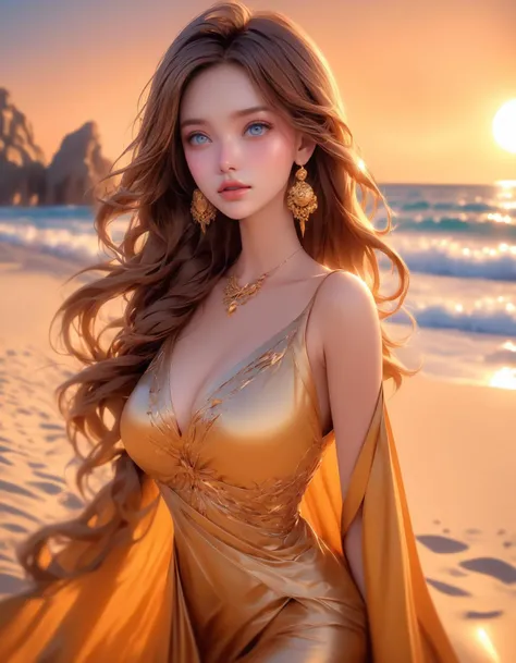 Absurd, ultra-detailed, high quality, masterpiece, detailed face, beautiful eyes, Aphrodite, the goddess of love and beauty, possesses a beauty that is breathtaking and unrivaled. Her physical features are flawlessly sculpted, with delicate yet captivating curves and a graceful posture that exudes elegance. hair flows like strands of spun silk, cascading in waves of lustrous gold. eyes are deep and mesmerizing, sparkling with a divine light that reflects the depth of her passion and the mysteries of love. Her lips, delicately curved, hold a hint of a knowing smile, teasing and alluring in their gentle grace. Aphrodite’s skin is flawless, smooth as petals of the finest rose. It radiates a warm and inviting glow, like the first blush of dawn on a clear summer morning.