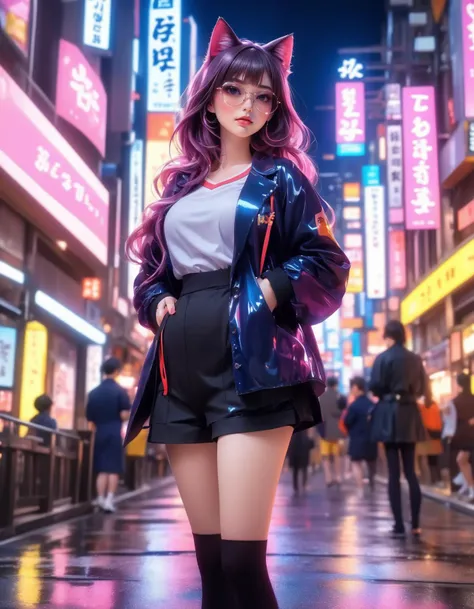 (4K, 8K, UHD, highres, masterpiece, best quality, absurdres, high quality), (depth of field), (camera from distance), cinematic lighting, pin light, backlighting, (sharp focus, view from below),
(((Tokyo street, night, cityscape, city lights, outdoor))),
(((1girl, solo))), beautiful korean:1.3, japanese:1.2, long wave hair, Oval-shaped face, Large and pretty cat-like eyes with thick eyelashes, Pointy nose, Small and pretty but plump lips, Thick eyebrows, Long and pretty eyelashes, Transparent makeup with a touch of pink blush and sparkling lip gloss, detailed eyes, detailed beautiful face,
perfect anatomy, ((hugebreasts:0.7, breasts apart:1.2)), narrow waist, wide hips, large pelvis, blush:1.1, (((shiny skin))), show legs, detailed beautiful body, (full body),
(Retro Beach: High-waisted bikini, cat-eye sunglasses, and a floppy hat.), earrings, necklace, bracelet, shoulder bag, stocking, high heels,