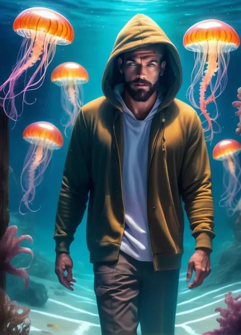 (masterpiece, best quality, hyper realistic:1.4)1man,detailed background,solo,full body,facial hair,muscular male,floating,aged up,hoodie,seafloor,star light,sea grass,colorful jellyfish,six heads tall,depth of field,
, mysterious, eyes detail
