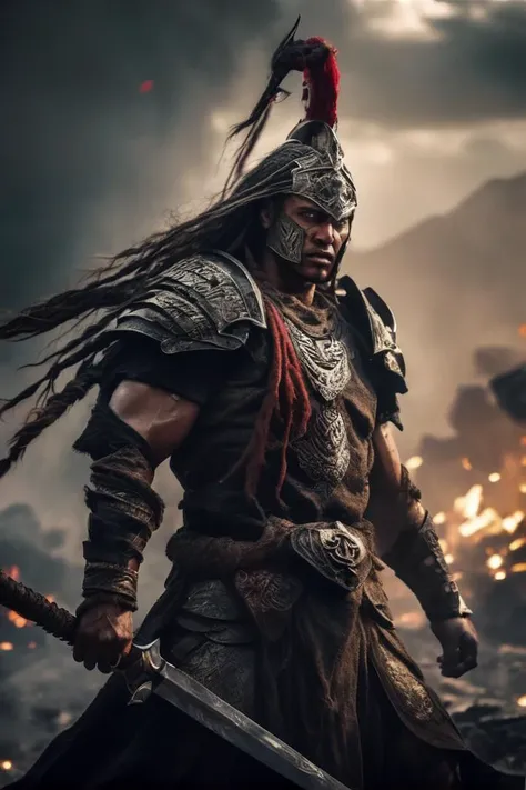 (masterpiece, best quality), myssterious
(brutal warrior) intricate armor, intricate weapon, dark tones palette, battlefield in background::4 militant pose :: portrait::-2 rage, anger, power, emotional, epic composition, tribal darkfantasy, dramatic shadows