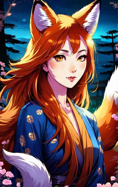 (masterpiece,best quality:1.5), 1 asian fox girl, mysterious, night, beautiful eyes, vibrant manga, uhd image, glassy translucence, vibrant illustrations, anime, 9tail fox