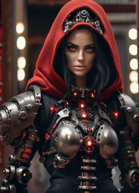 (masterpiece, best quality, hyper realistic:1.4), cyber girl power armor-hoodie adeptus mechanicus, eyepieces, finely detailed armor, looking away, encrusted with skulls, black and red, warhammer 40k, dark tones, blacksmith shop in the background, sparks, cinematic lighting, hyper realistic, mysterious, eyes detail