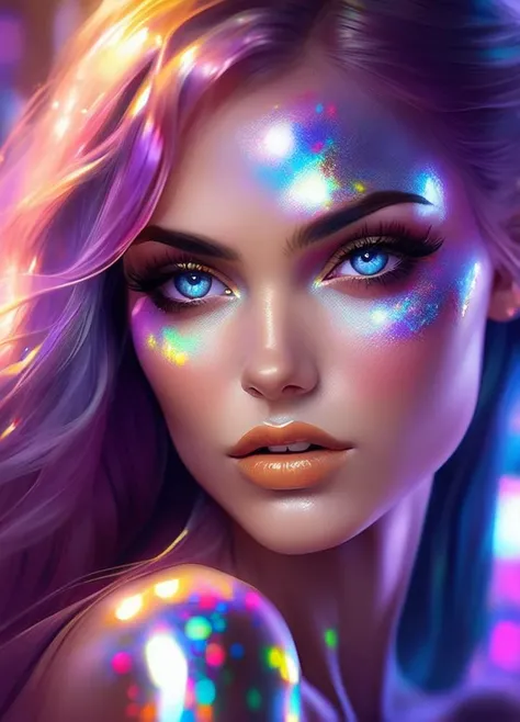 stunning fiminine body, commercial image, lucinda lafleur | holographic photography shoots, in the style of tanya shatseva, daz3d, street pop, luminous palette, close up, realistic impressionism, shiny/glossy, eyes detail