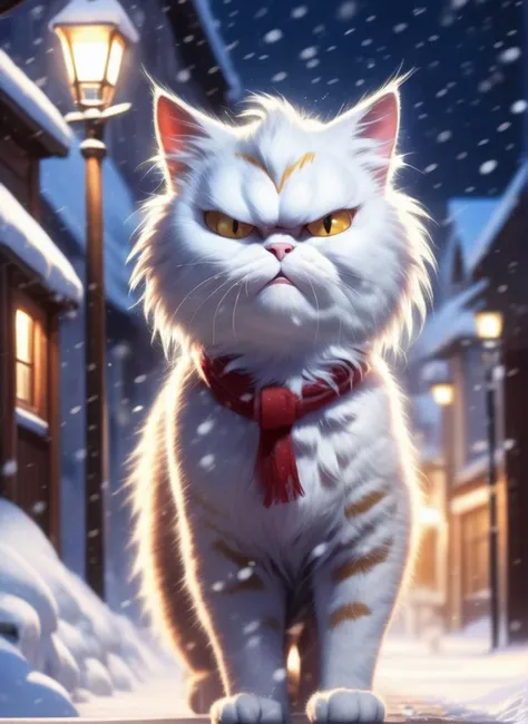 (masterpiece,best quality:1.5), glamour shot of an angry cat in the middle of a snow covered village street, masterpiece, best quality, an angry cat, winter, night, heavy snowfall, snowstorm
, mysterious